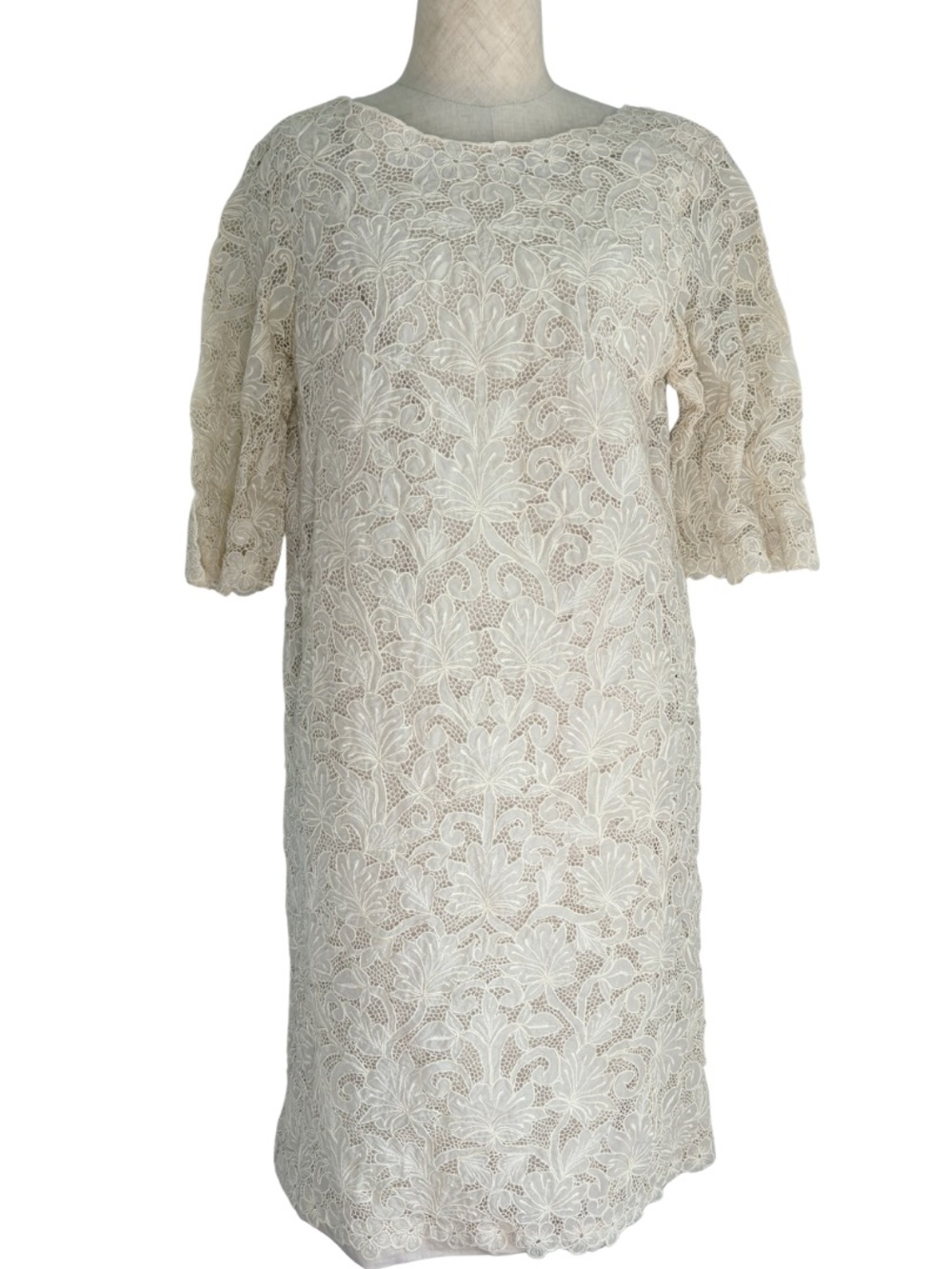 vintage cream ivory handmade floral Lace eyelet 40s Sheath Dress cottage core